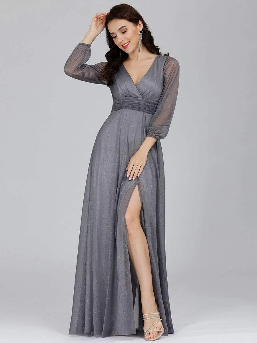 Sexy V-Neck Shiny Wholesale Evening Dresses With Long Sleeve