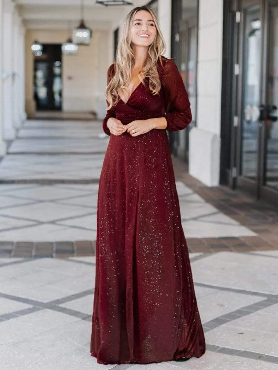 Sexy V-Neck Shiny Wholesale Evening Dresses With Long Sleeve