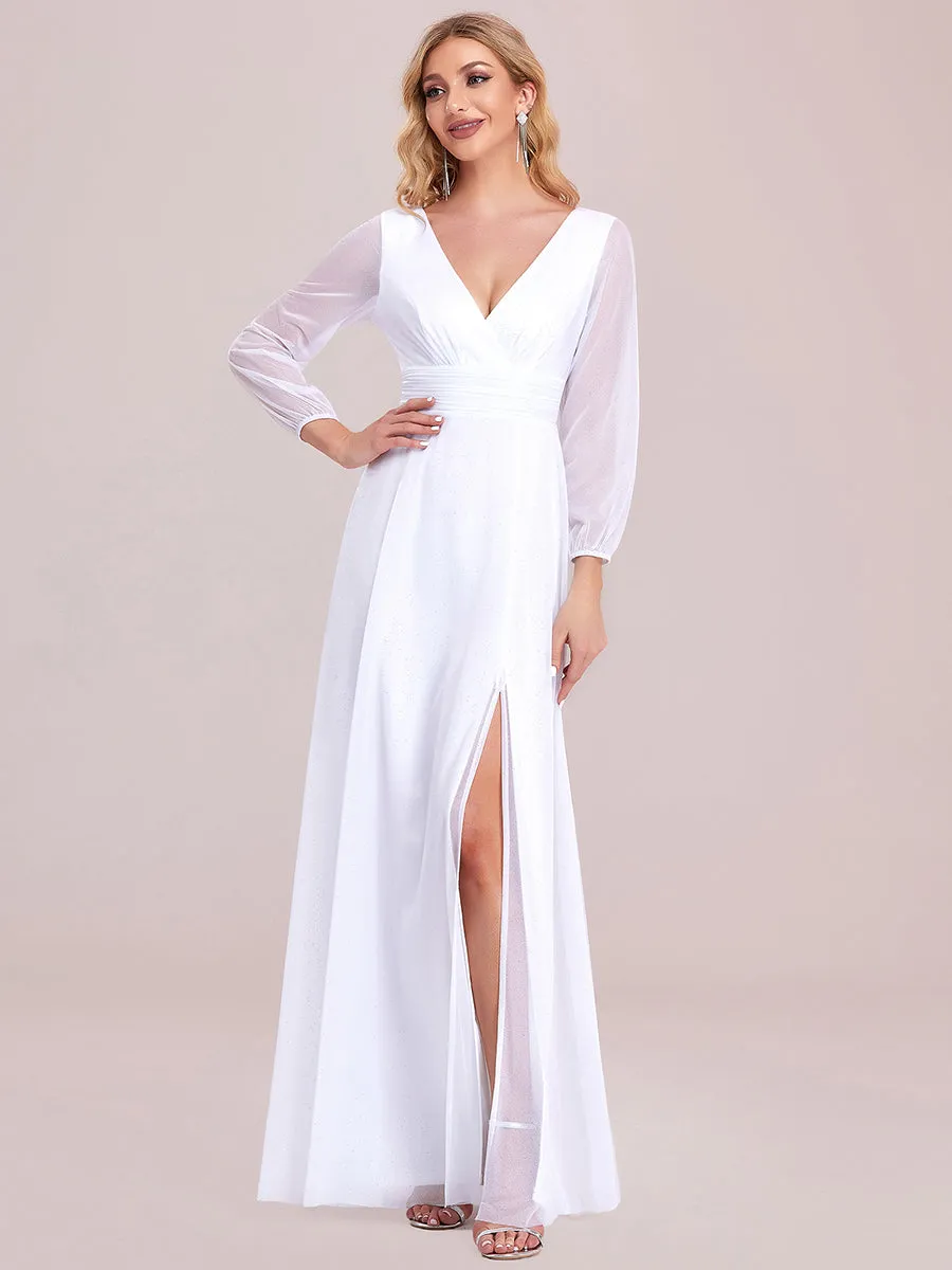 Sexy V-Neck Shiny Wholesale Evening Dresses With Long Sleeve