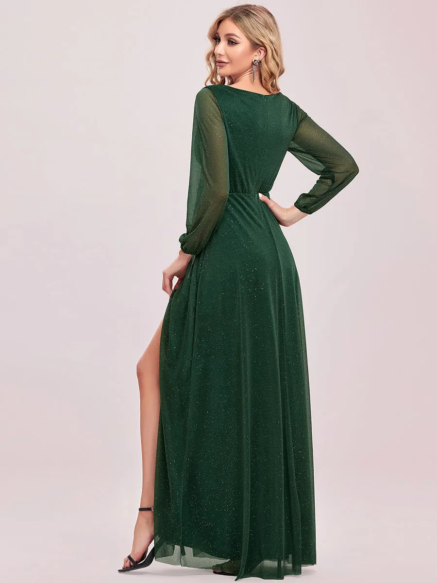 Sexy V-Neck Shiny Wholesale Evening Dresses With Long Sleeve