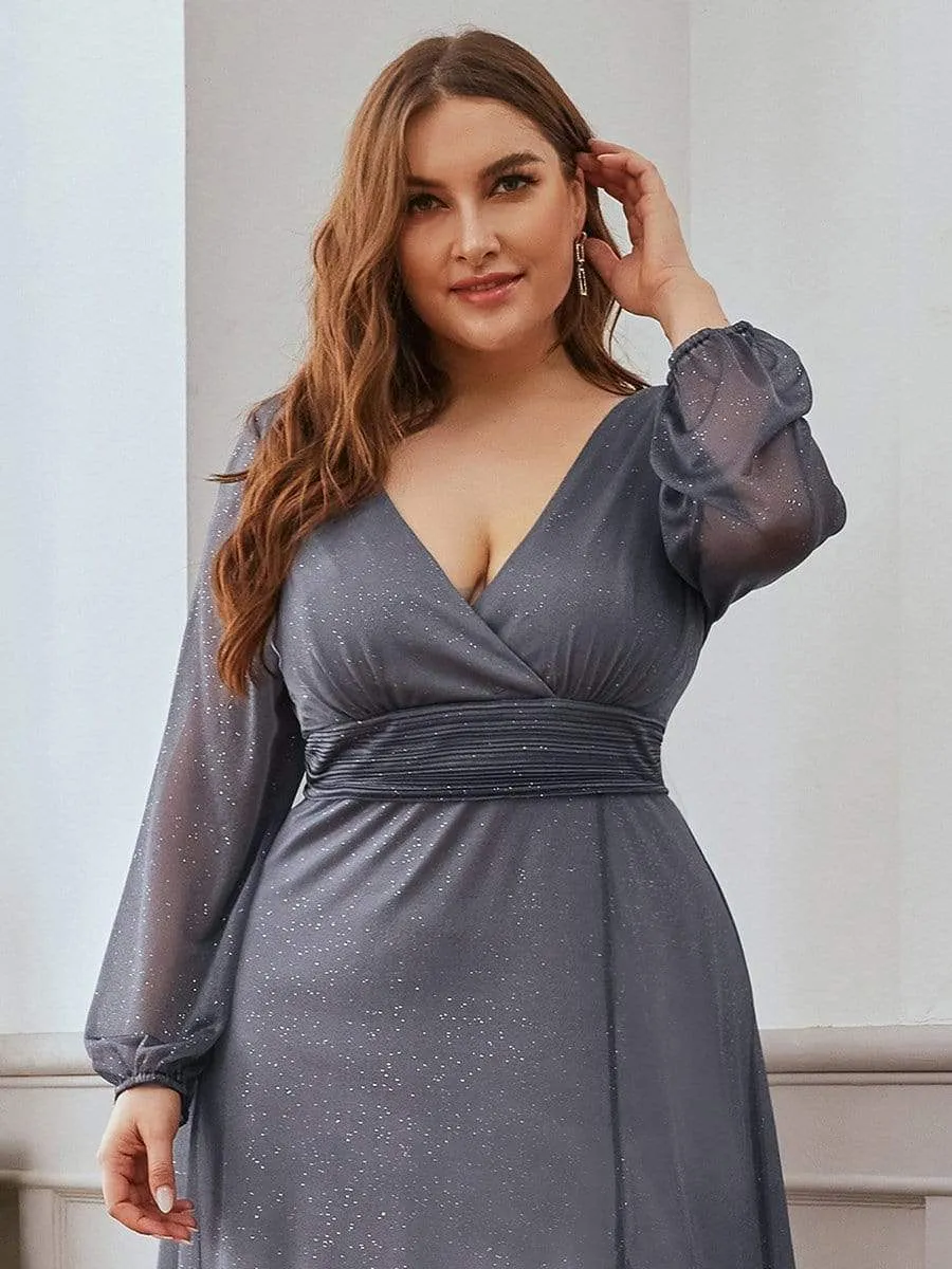 Sexy V-Neck Shiny Wholesale Evening Dresses With Long Sleeve