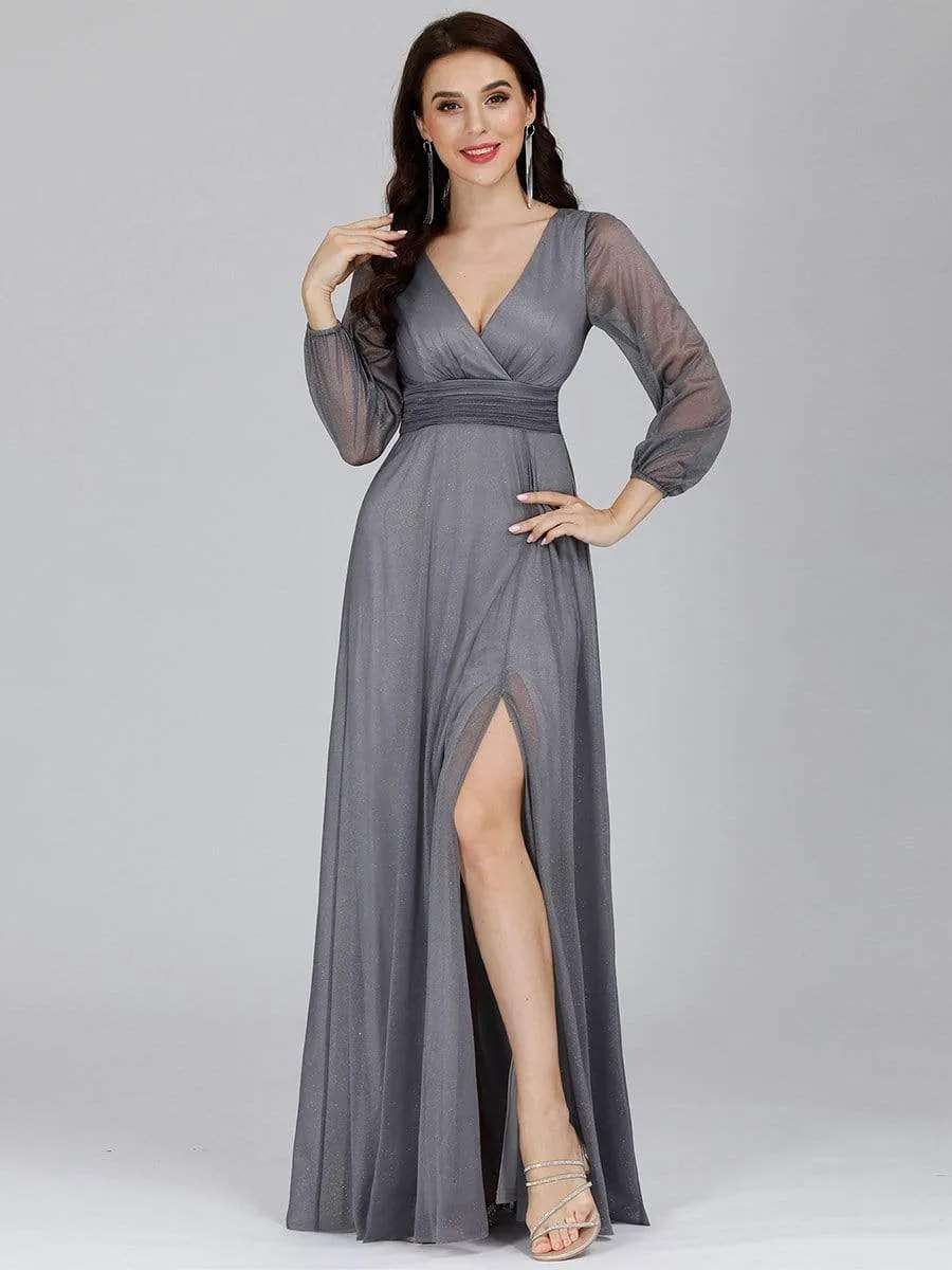 Sexy V-Neck Shiny Wholesale Evening Dresses With Long Sleeve