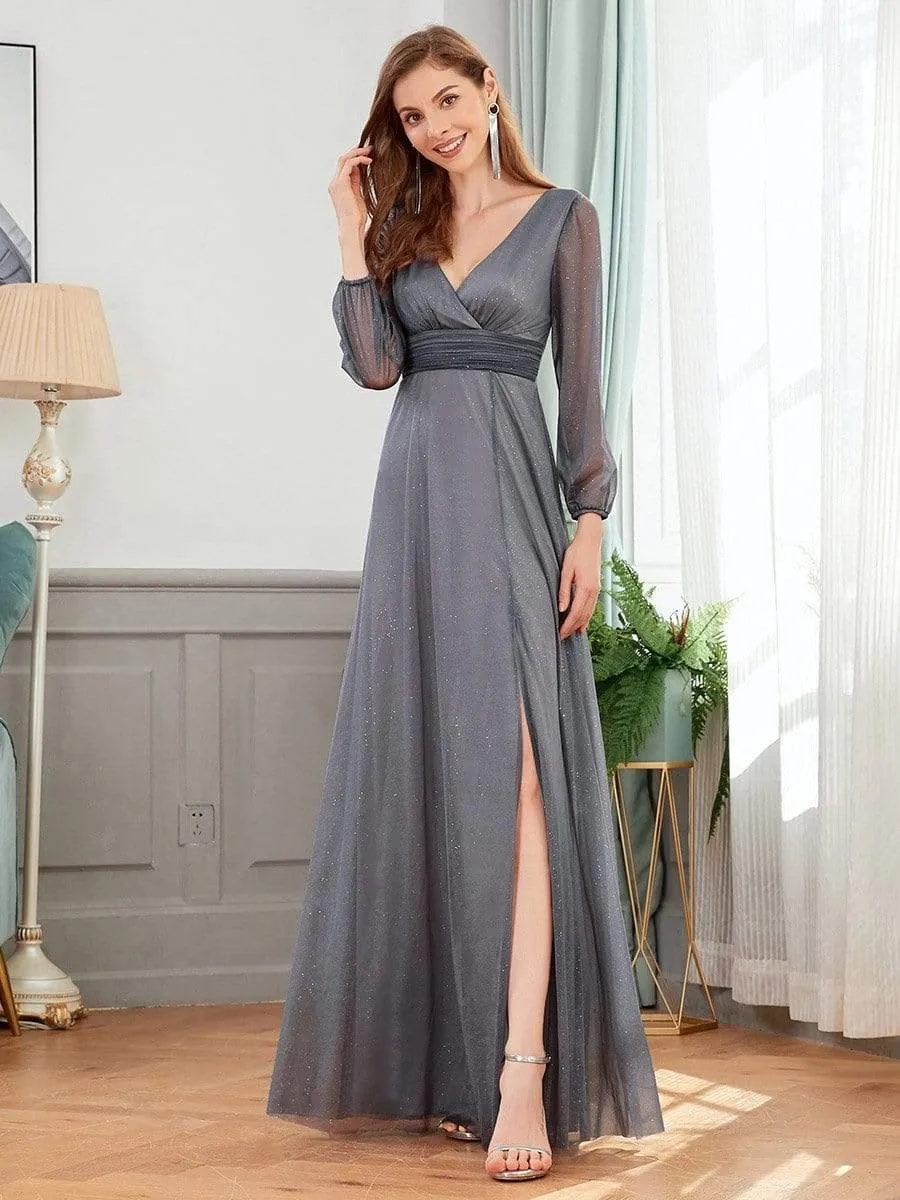 Sexy V-Neck Shiny Wholesale Evening Dresses With Long Sleeve