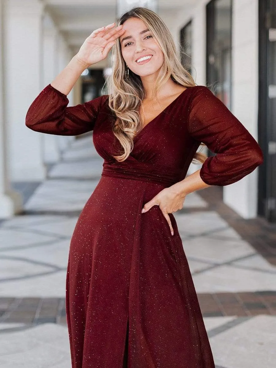 Sexy V-Neck Shiny Wholesale Evening Dresses With Long Sleeve