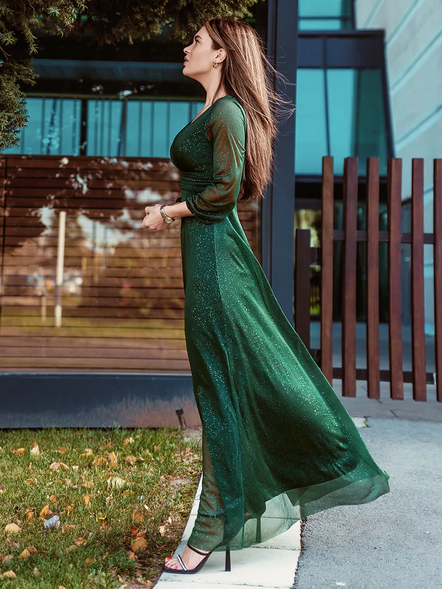 Sexy V-Neck Shiny Wholesale Evening Dresses With Long Sleeve