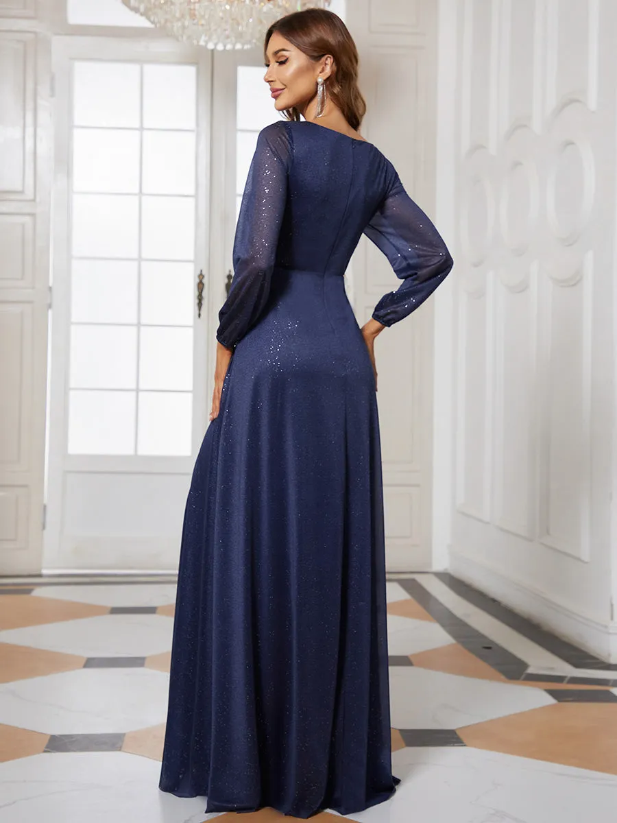 Sexy V-Neck Shiny Wholesale Evening Dresses With Long Sleeve