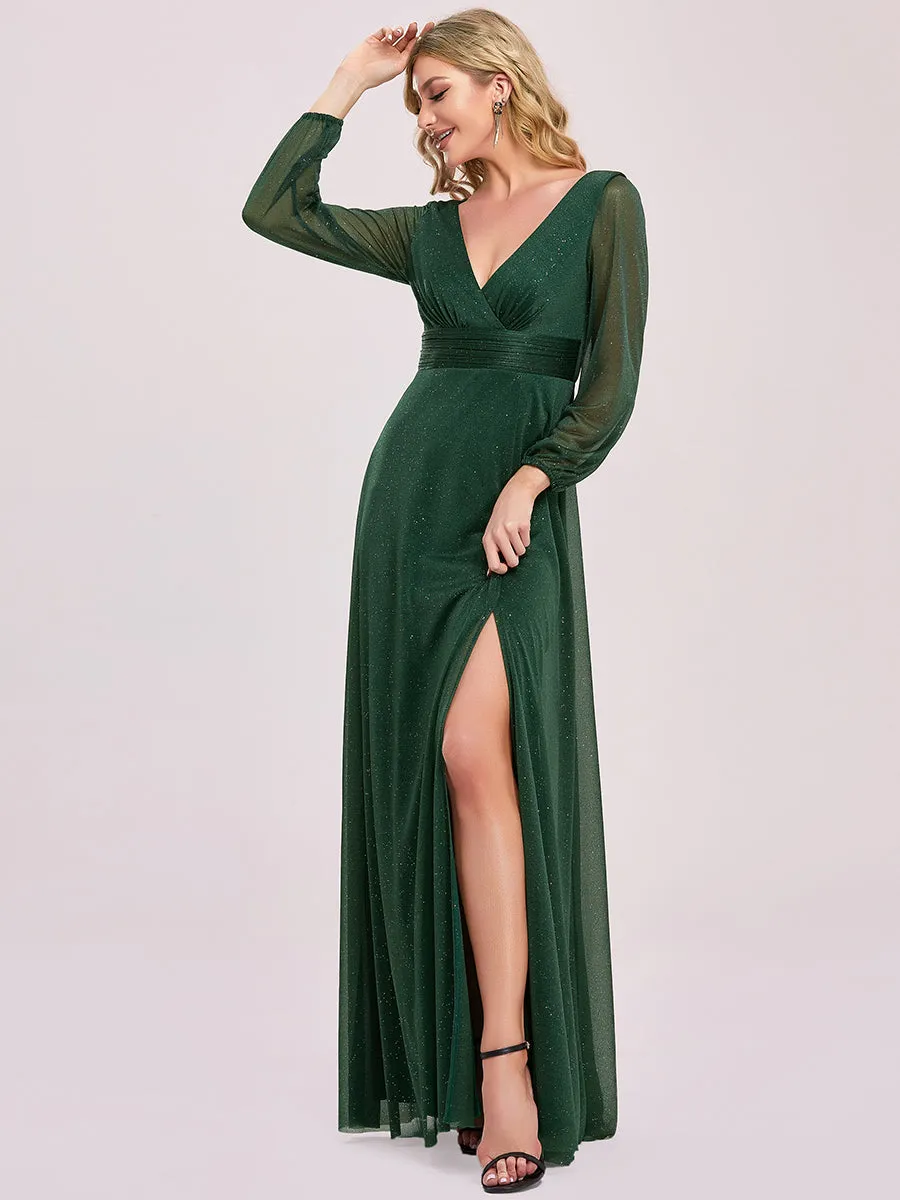 Sexy V-Neck Shiny Wholesale Evening Dresses With Long Sleeve