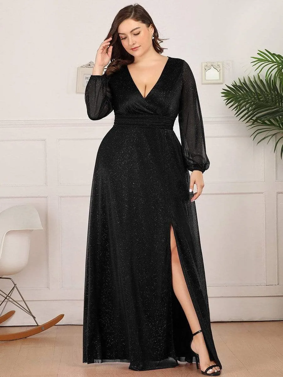Sexy V-Neck Shiny Wholesale Evening Dresses With Long Sleeve