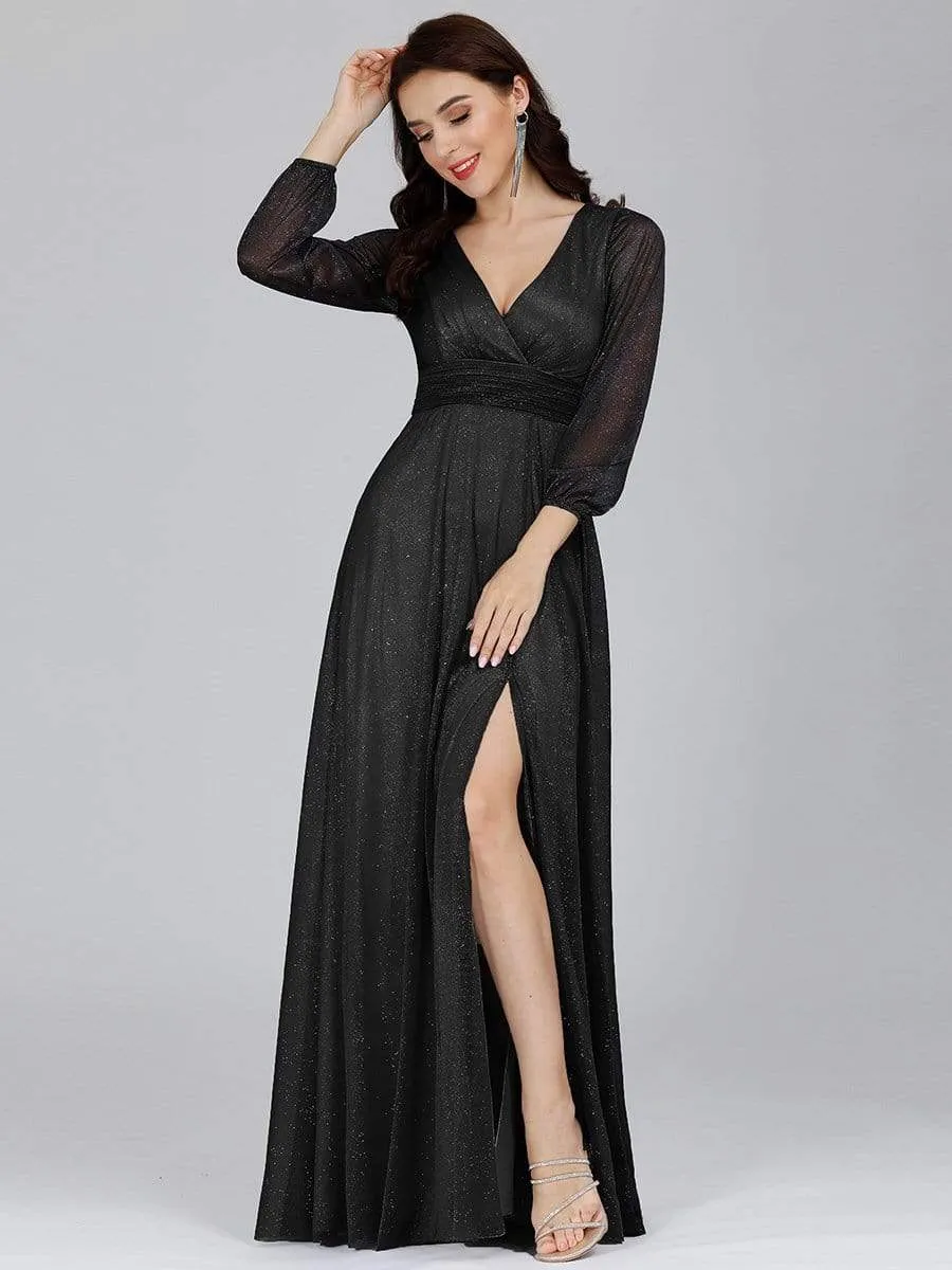 Sexy V-Neck Shiny Wholesale Evening Dresses With Long Sleeve