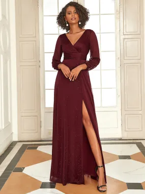 Sexy V-Neck Shiny Wholesale Evening Dresses With Long Sleeve