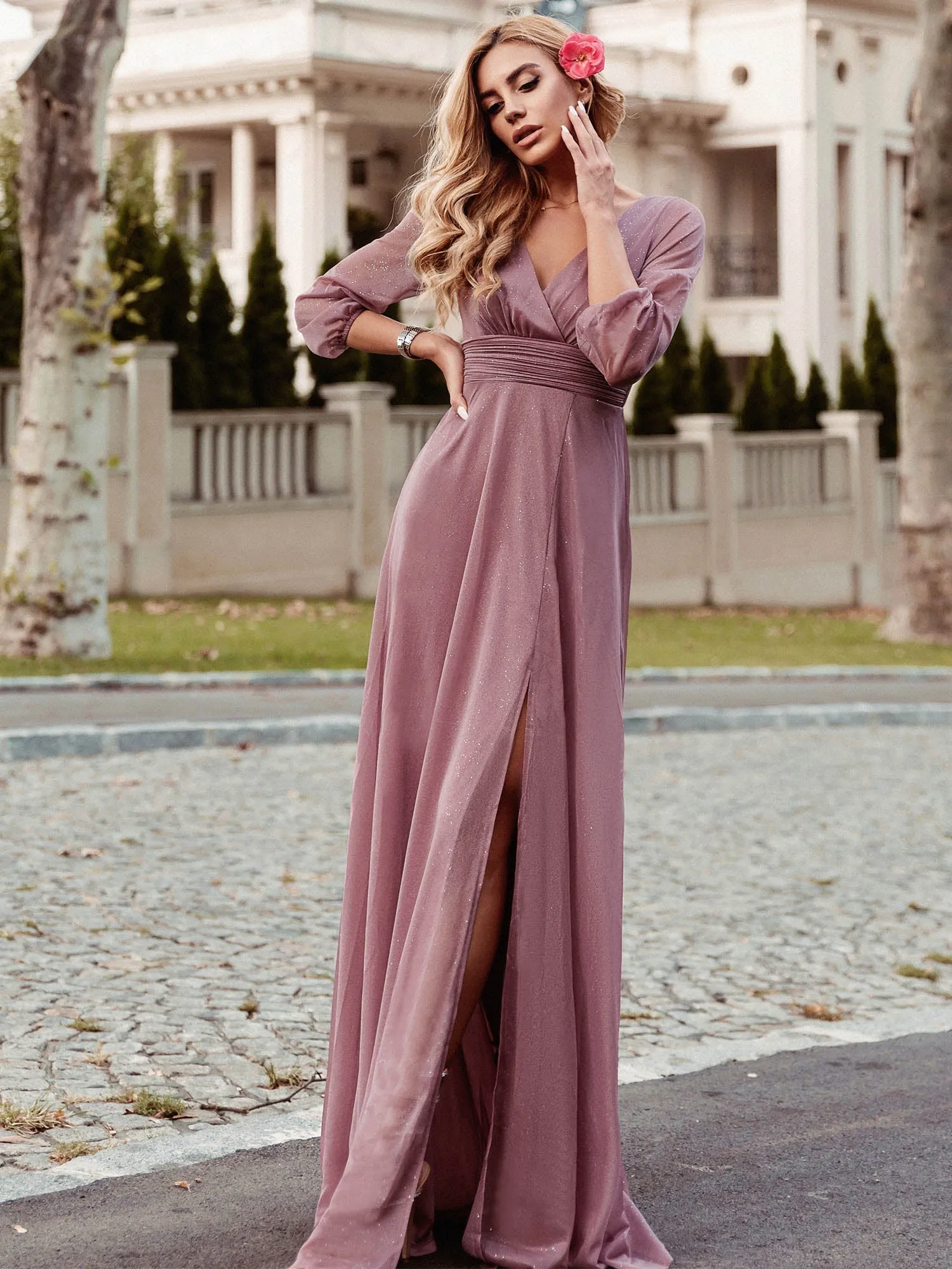 Sexy V-Neck Shiny Wholesale Evening Dresses With Long Sleeve
