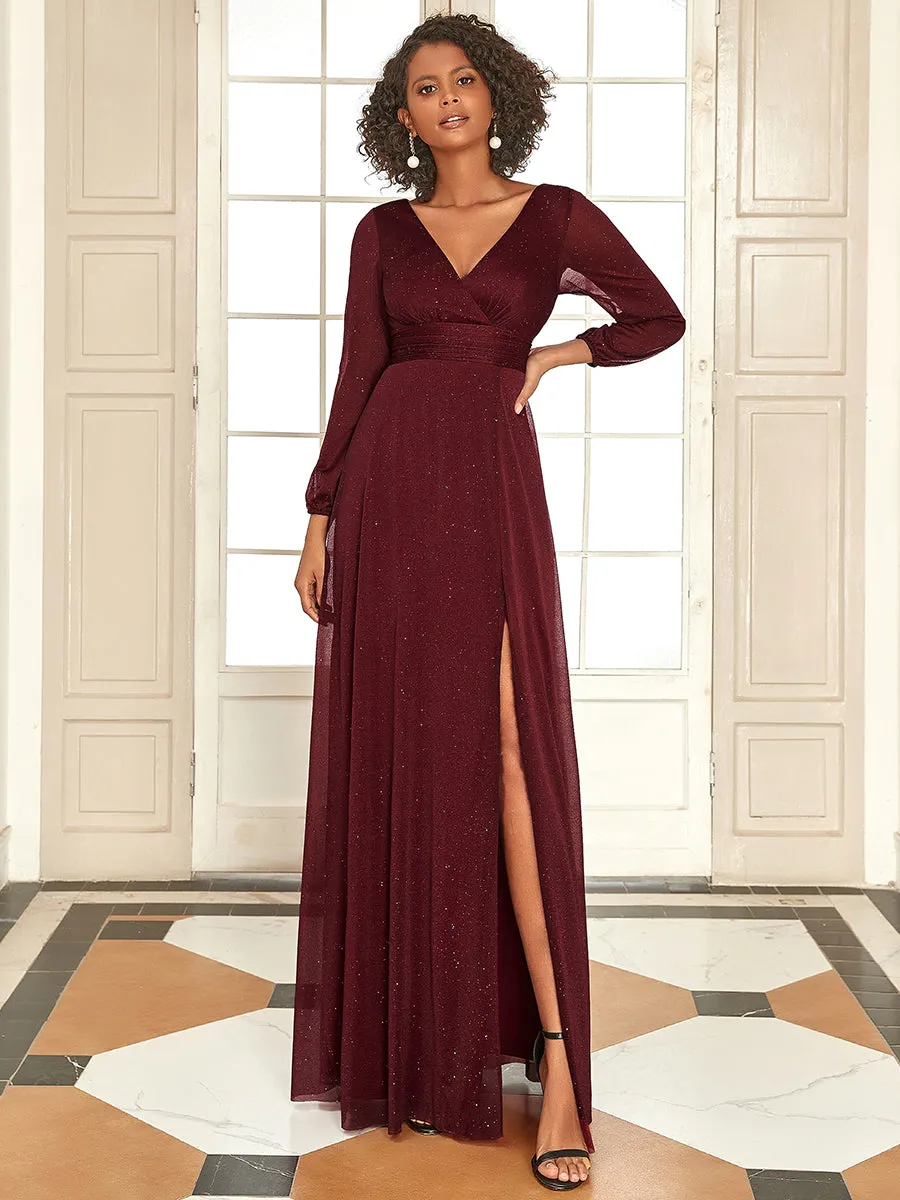 Sexy V-Neck Shiny Wholesale Evening Dresses With Long Sleeve