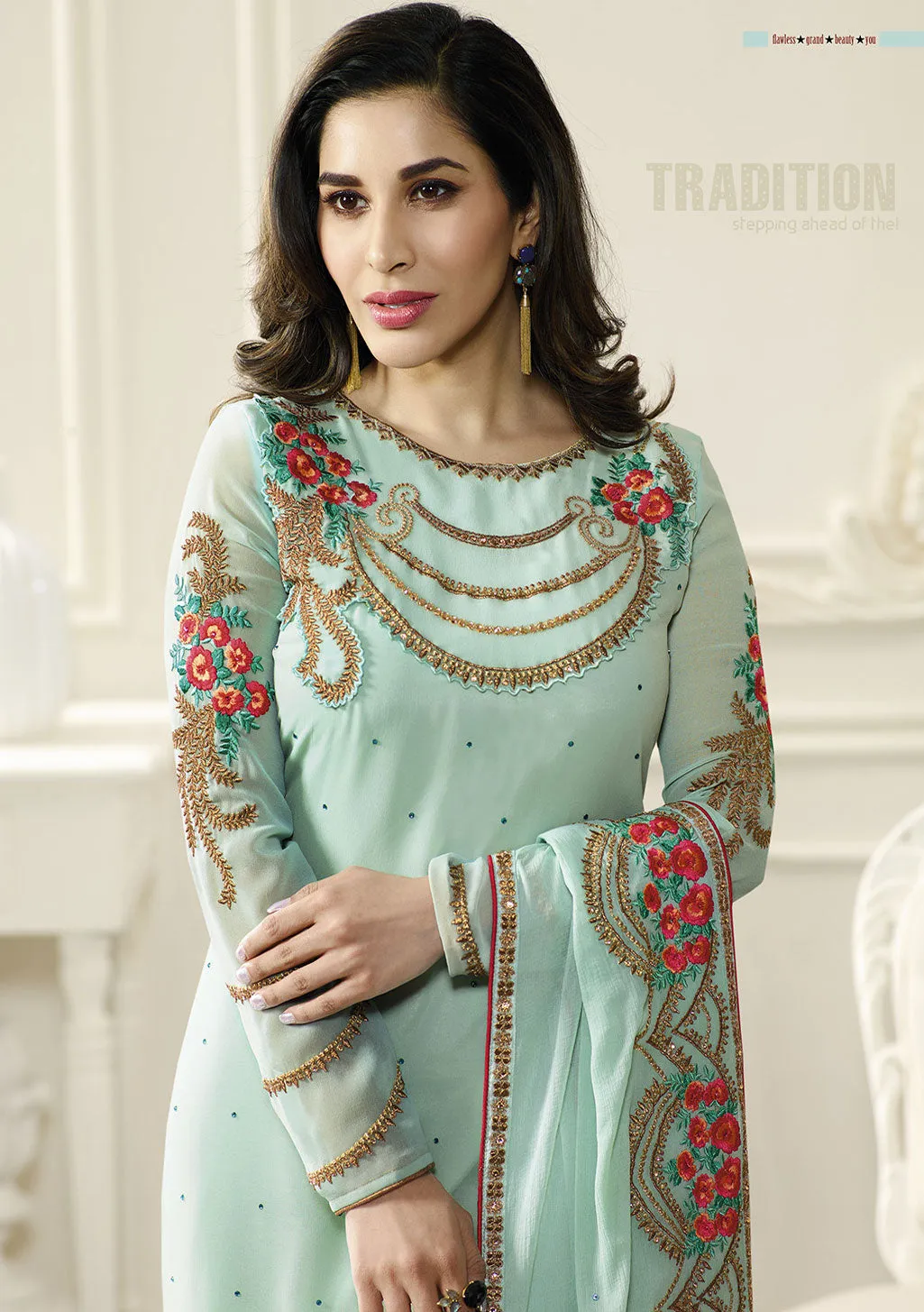 Sky Blue Georgette Embroidered Salwar Suit & Chiffon Embroidered Dupatta