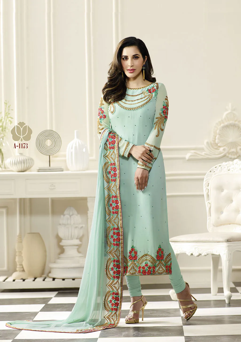 Sky Blue Georgette Embroidered Salwar Suit & Chiffon Embroidered Dupatta