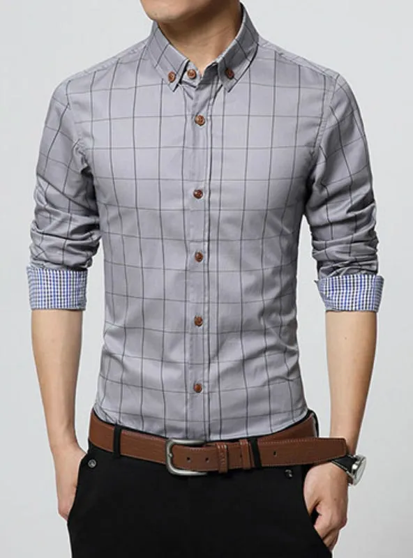 Slim Fit Men Long Sleeve Shirt Men Plaid Cotton Casual Men Shirt