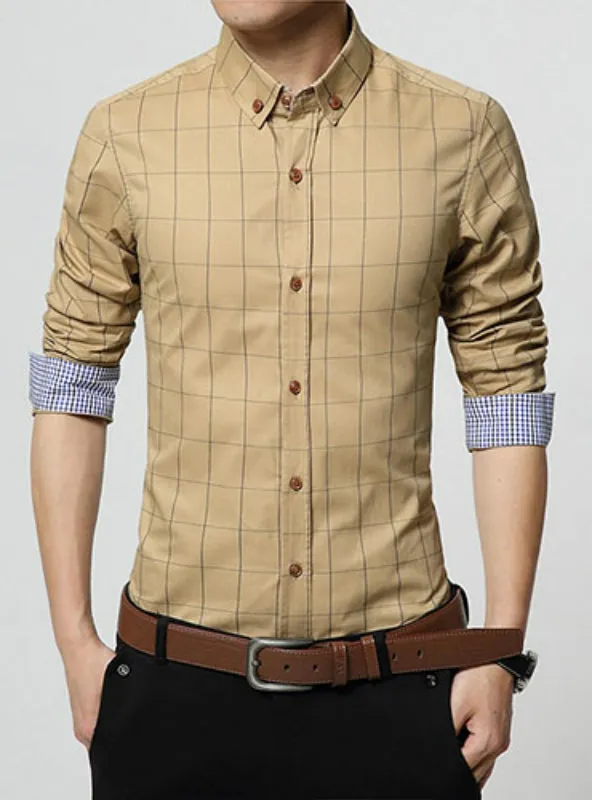 Slim Fit Men Long Sleeve Shirt Men Plaid Cotton Casual Men Shirt