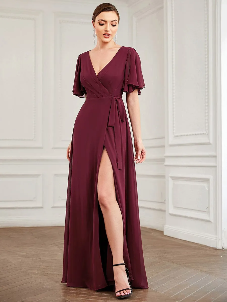 Tie Waist High Slit Flutter Sleeve Chiffon Evening Dress