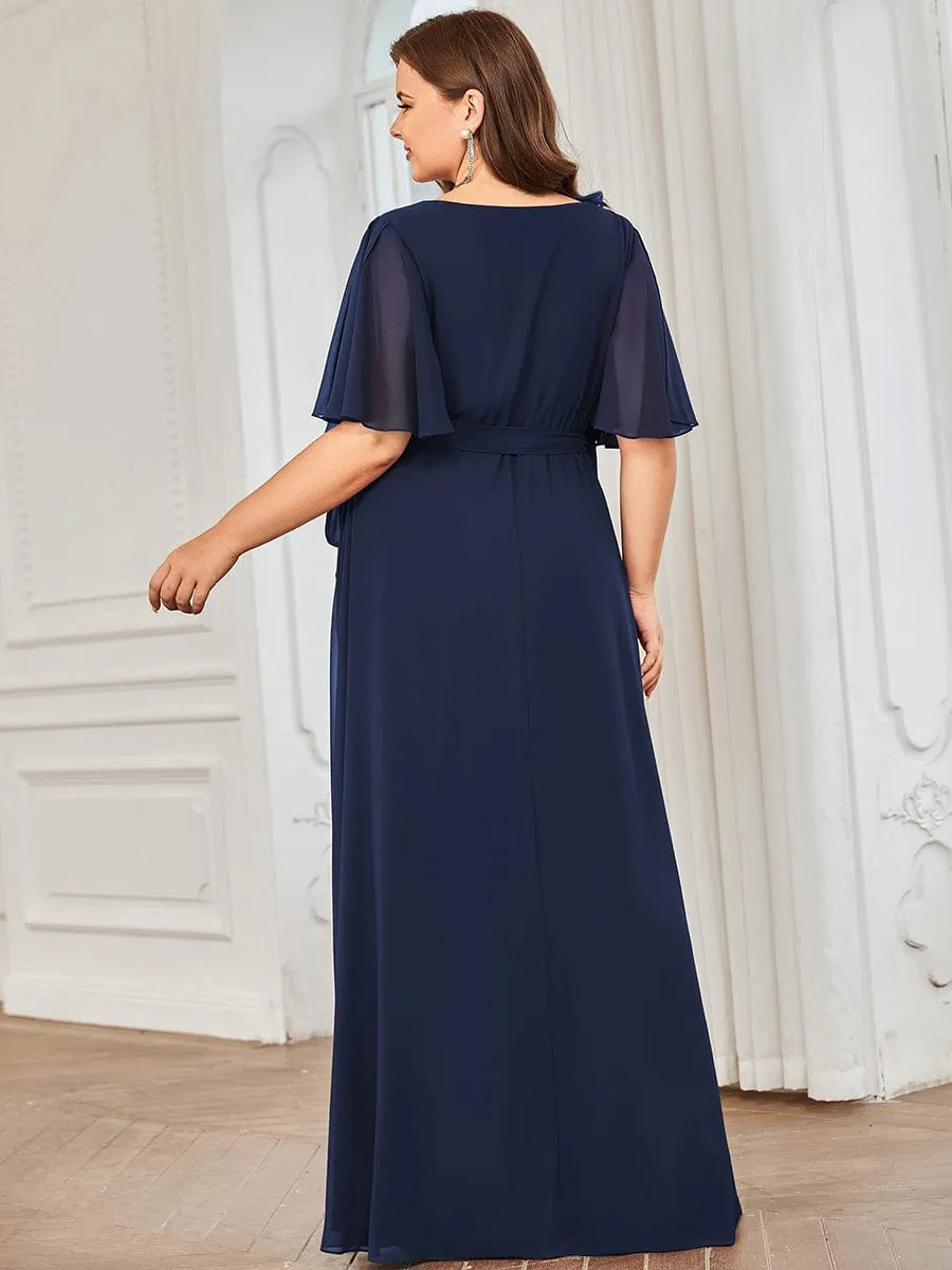 Tie Waist High Slit Flutter Sleeve Chiffon Evening Dress
