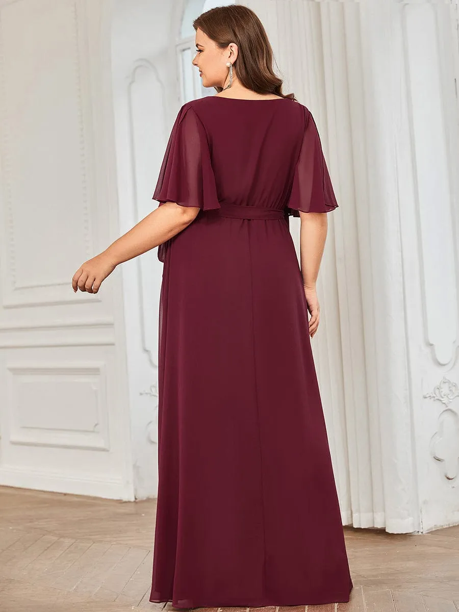 Tie Waist High Slit Flutter Sleeve Chiffon Evening Dress