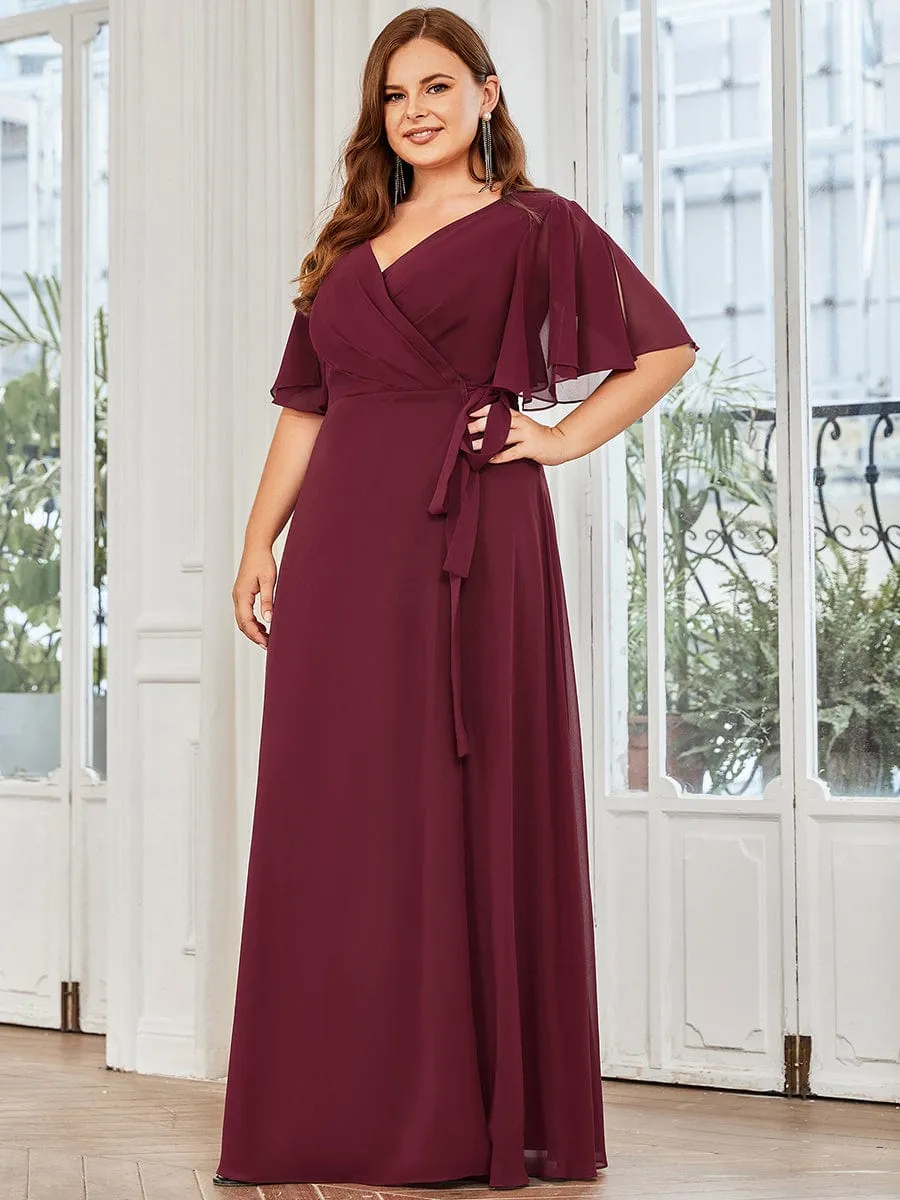Tie Waist High Slit Flutter Sleeve Chiffon Evening Dress
