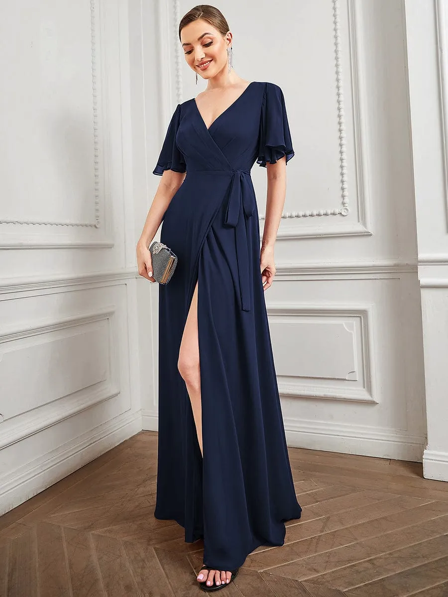 Tie Waist High Slit Flutter Sleeve Chiffon Evening Dress