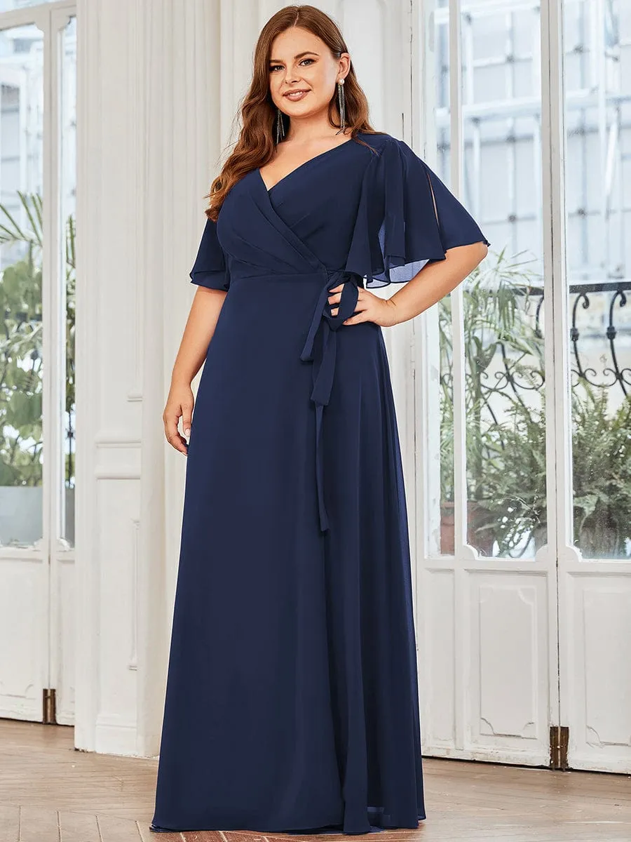 Tie Waist High Slit Flutter Sleeve Chiffon Evening Dress