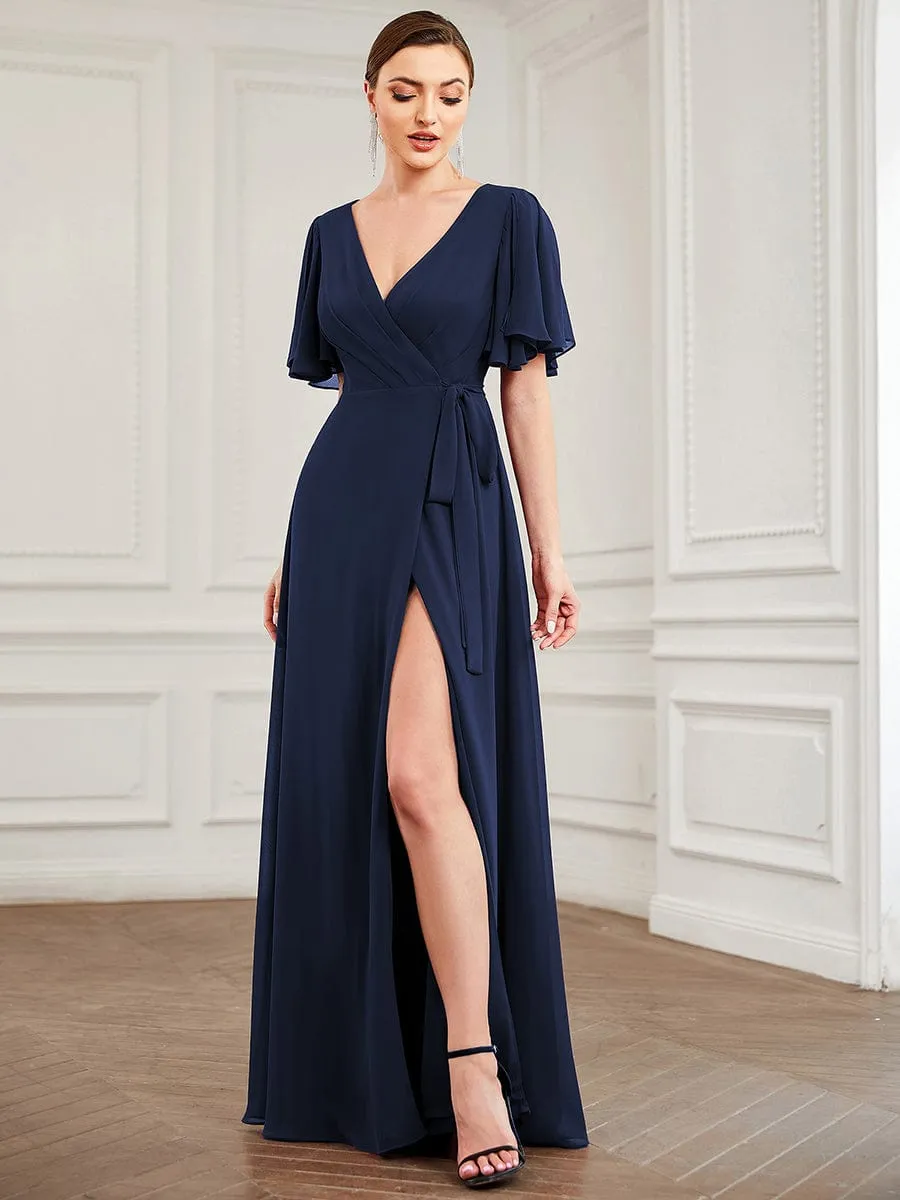 Tie Waist High Slit Flutter Sleeve Chiffon Evening Dress