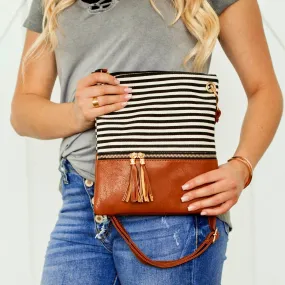 Trendy Stripes Crossbody Handbag- Black & Camel