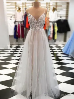 V Neck Floor Length Champagne Lace Prom Dresses, Champagne Lace Wedding Dresses, Evening Dresses