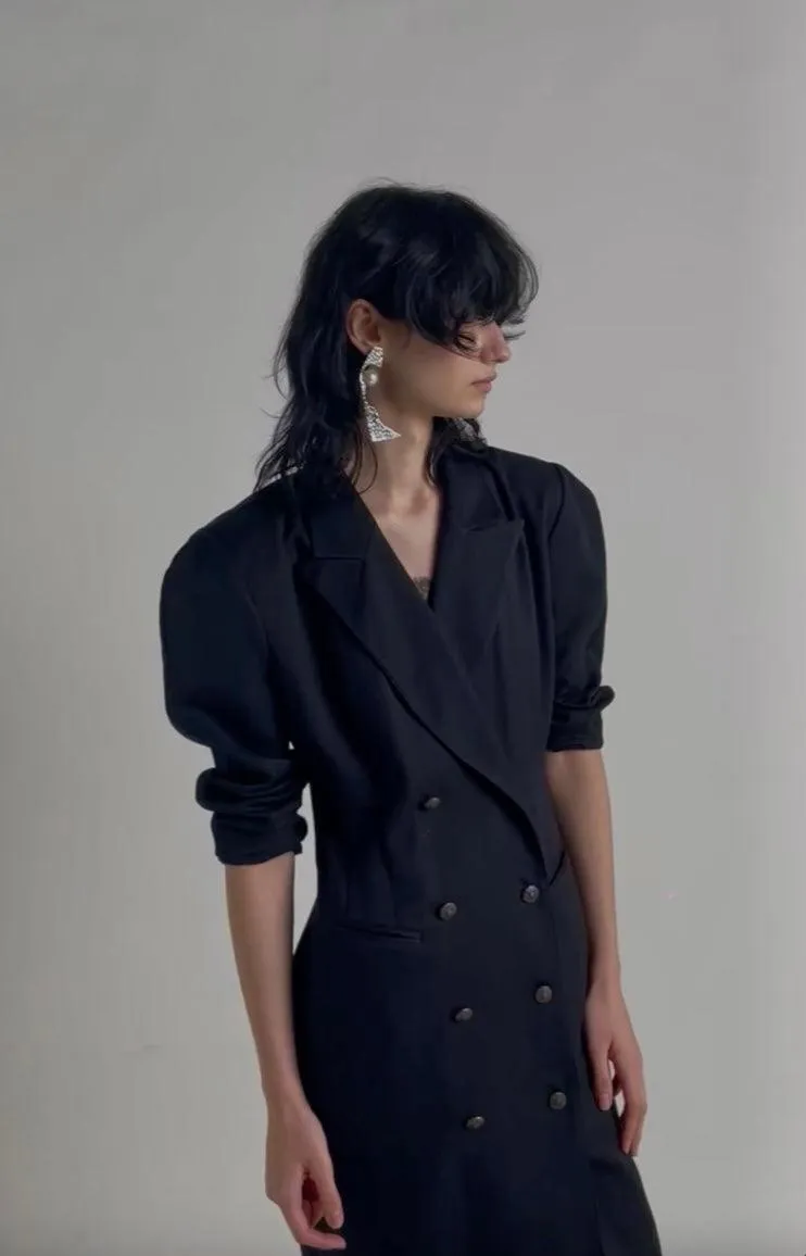 Vintage 1980s Black Double Breasted Shirt Dress