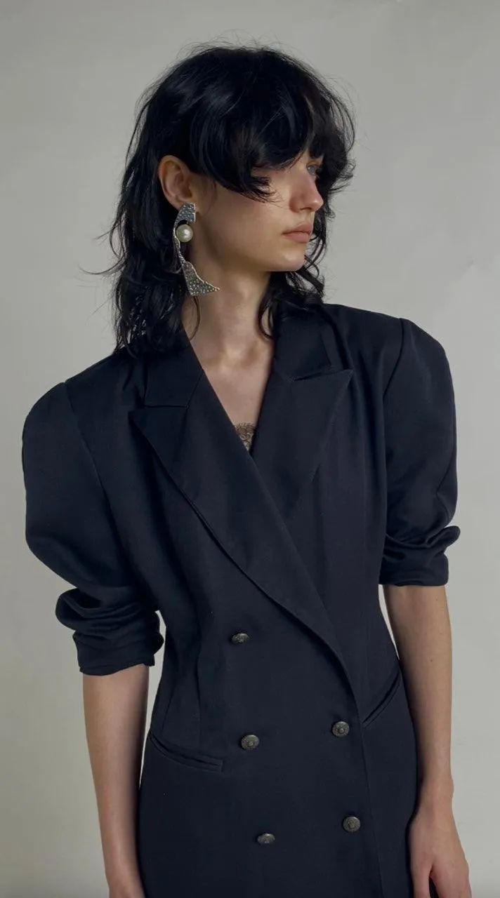 Vintage 1980s Black Double Breasted Shirt Dress
